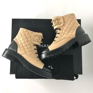 Chanel Quilted CC Chain Logo Lambskin Calfskin Cap Toe Combat Short Boots 37